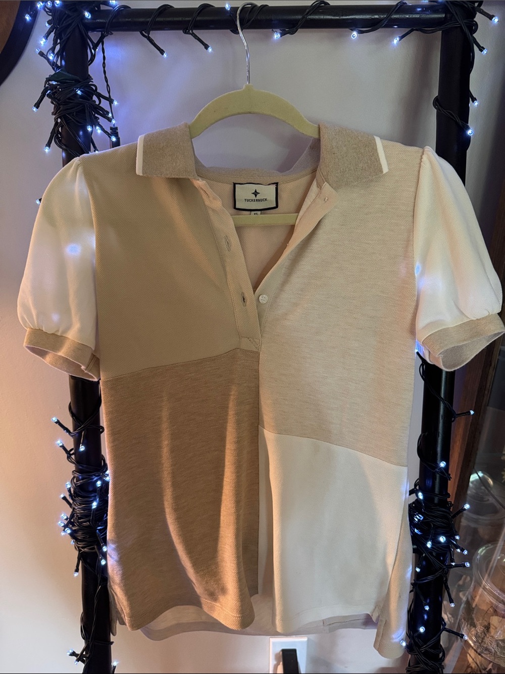 Tuckernuck Patchwork Polo Top in Beige and Cream